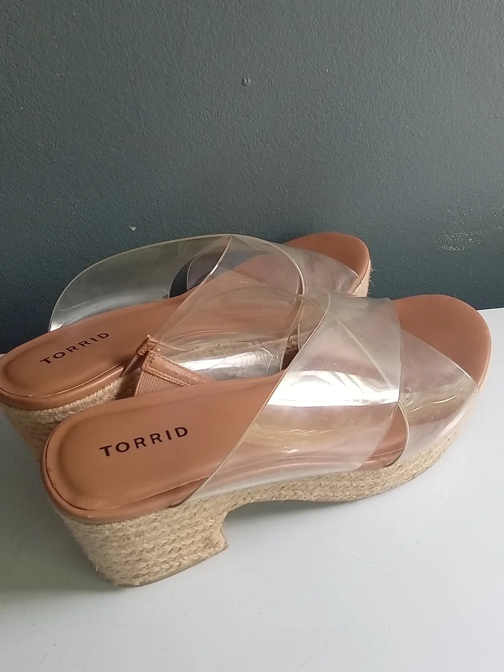 Torrid Clear PVC Crisscross Espadrille Platform Block Heel Sandal Tan Wide Width